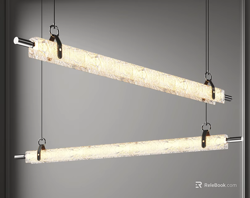 Two Long Rectangular Beige Textured Chandeliers With Metal Brackets Hanging 3d model 