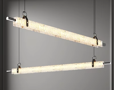 Two Long Rectangular Beige Textured Chandeliers With Metal Brackets Hanging 3d model