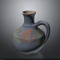 Blue Ceramic Vase With Red And Green Floral Patterns And Handle