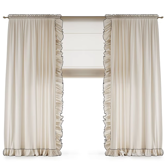 Beige Curtains With Ruffled Edges For Window Decoration And Home Style 3d model 