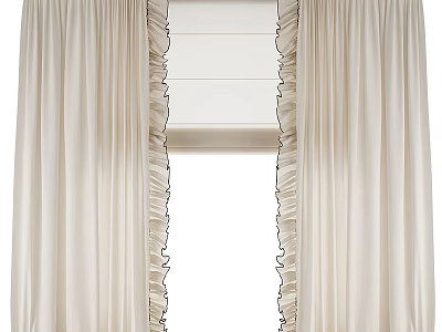 Beige Curtains With Ruffled Edges For Window Decoration And Home Style 3d model