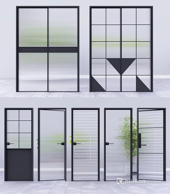 Modern Glass Doors With Geometric Patterns And Black Frames For Interior Design 3d model