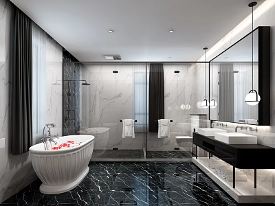Luxurious Modern Hotel Bathroom Featuring Marble Flooring Freestanding Bathtub Double Sinks And Large Mirror 3d model