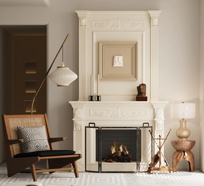 Elegant White Fireplace With Carved Mantel Framed Art Armchair And Floor Lamp 3d model 