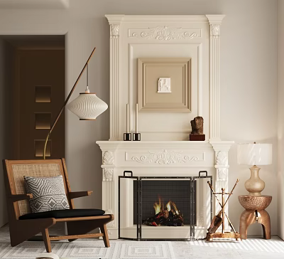 Elegant White Fireplace With Carved Mantel Framed Art Armchair And Floor Lamp 3d model