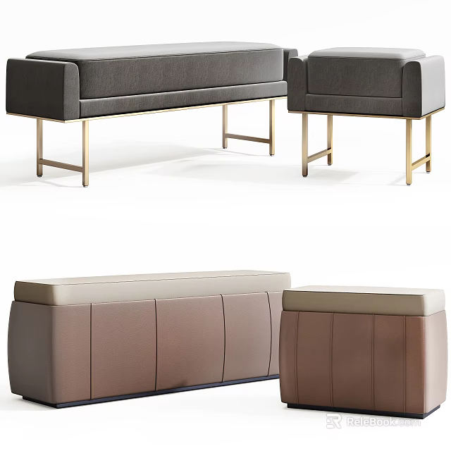 Modern Upholstered Bench And Ottoman With Gold Legs In Gray And Brown 3d model 