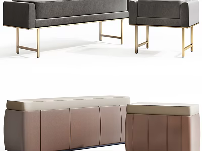 Modern Upholstered Bench And Ottoman With Gold Legs In Gray And Brown 3d model