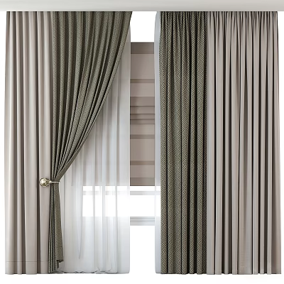 Modern Green And Beige Double Layer Curtains With Sheer Curtain And Curtain Rod Hook 3d model