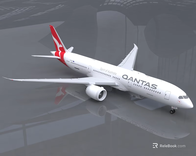 Qantas White Passenger Plane with Red Tail Fin Parked in Airport Hangar with Reflective Floor 3d model 