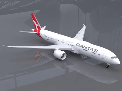 Qantas White Passenger Plane with Red Tail Fin Parked in Airport Hangar with Reflective Floor 3d model