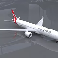 Qantas White Passenger Plane with Red Tail Fin Parked in Airport Hangar with Reflective Floor