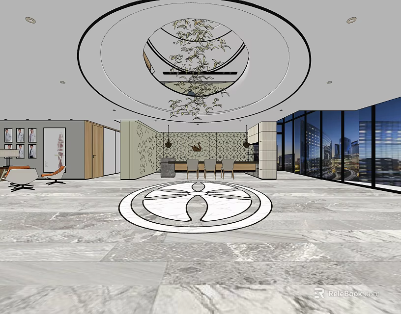 Modern Store Front Desk Interior With Marble Floor And Large Windows 3d model