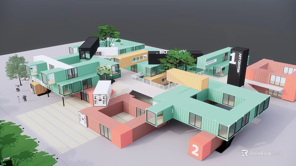 Colorful Modern Container Buildings Complex With Open Courtyards And Trees 3d model 