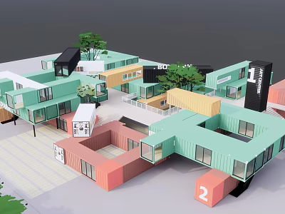 Colorful Modern Container Buildings Complex With Open Courtyards And Trees 3d model