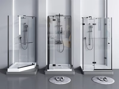 Modern Shower Sauna Interior Design With Three Glass Enclosures And Bath Mats 3d model