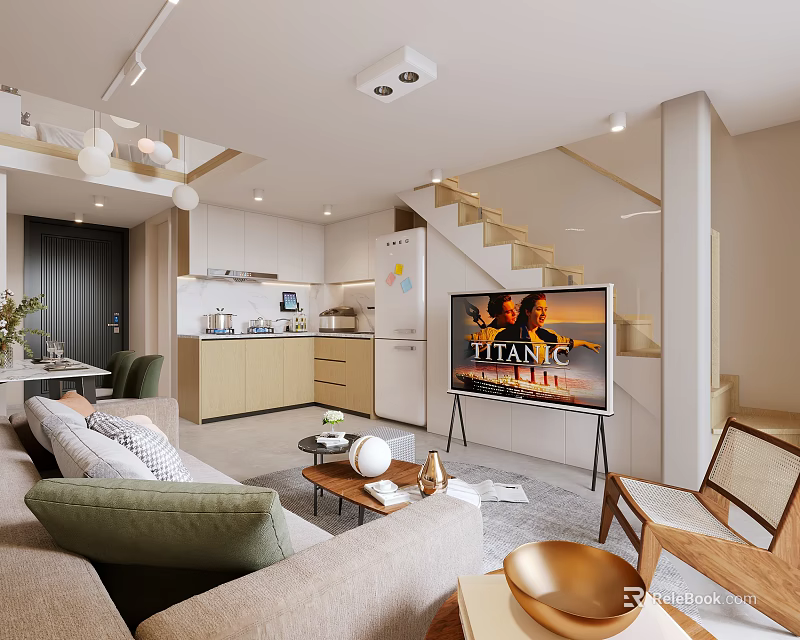Modern Apartment Interior With Living Room Kitchen And Staircase 3d model 