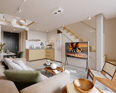 Modern Apartment Interior With Living Room Kitchen And Staircase 3d model