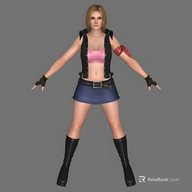 Woman Wearing Pink Tank Top Black Vest Blue Skirt Black Boots And Black Gloves 3d model 
