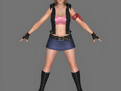 Woman Wearing Pink Tank Top Black Vest Blue Skirt Black Boots And Black Gloves 3d model