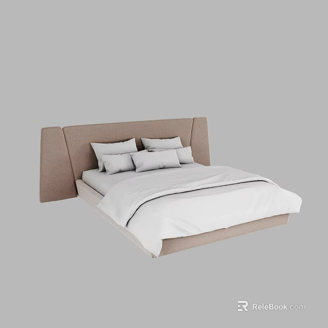 Modern Double Bed With Brown Headboard White Bedspread And Gray Pillows 3d model