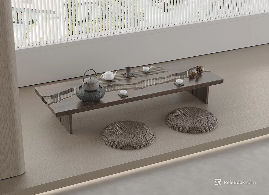 Serene Tea Table Interior With Ceramic Tea Set And Woven Cushions 3d model
