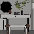 Stylish Modern Dressing Table Interior with Round Mirror Potted Plant and Stool 3d model