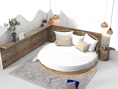 Round Double Bed With White Bedding Wooden Shelf Green Plant And Hanging Lamps 3d model
