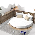 Round Double Bed With White Bedding Wooden Shelf Green Plant And Hanging Lamps