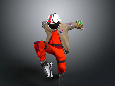 Game Movie Character Wearing Red White NASA Helmet Orange Jumpsuit Roller Skates One Leg Stance 3d model