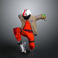 Game Movie Character Wearing Red White NASA Helmet Orange Jumpsuit Roller Skates One Leg Stance