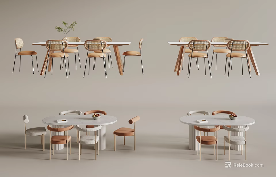 Modern Minimalist Dining Table Set With Round Rectangular Tables And Metal Leg Chairs Design 3d model