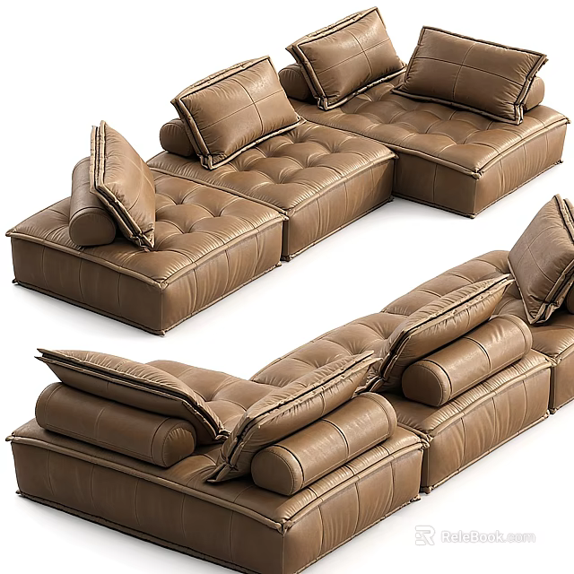 Spacious Brown Leather Sectional Sofa With Plush Cushions And Modern Design 3d model
