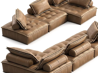 Spacious Brown Leather Sectional Sofa With Plush Cushions And Modern Design 3d model