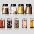 Assorted Spice Jars with Black and Clear Lids Containing Various Seasonings