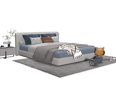 Modern Kids Bed with Upholstered Headboard Pillows Knit Blanket Toys and Gray Rug 3d model