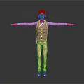 Man with outstretched arms wearing blue shirt plaid vest yellow checkered pants on gray background