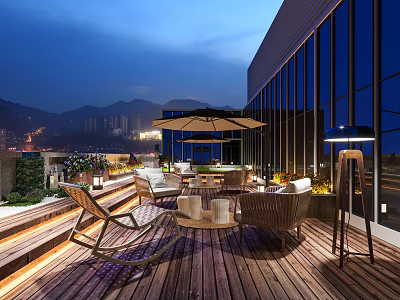 Cozy Rooftop Terrace With Wooden Deck Outdoor Furniture And Mountain Night View 3d model