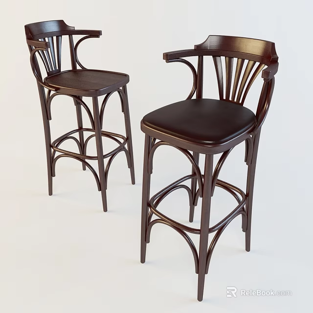Classic Dark Wood Bar Stools With Leather Seats Slatted Backrest And Curved Armrests 3d model 