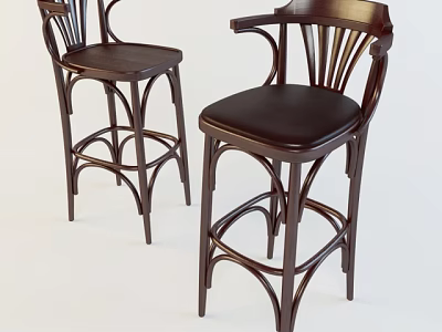 Classic Dark Wood Bar Stools With Leather Seats Slatted Backrest And Curved Armrests 3d model