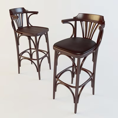 Classic Dark Wood Bar Stools With Leather Seats Slatted Backrest And Curved Armrests 3d model