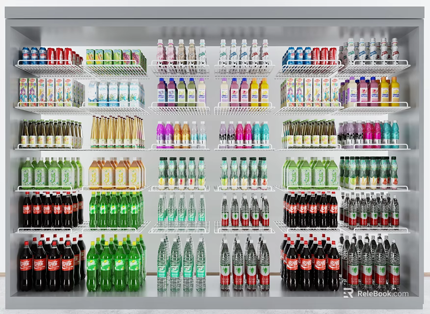 Refrigerator Freezer Interior Featuring Organized Shelves And Various Cold Drink Bottles 3d model 