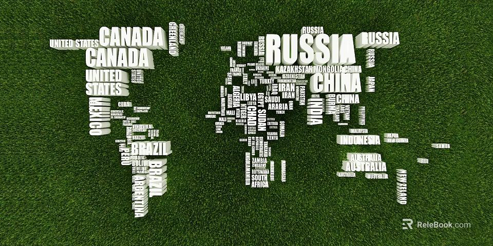 Green Background Wall Featuring World Map Made of Country Names 3d model 