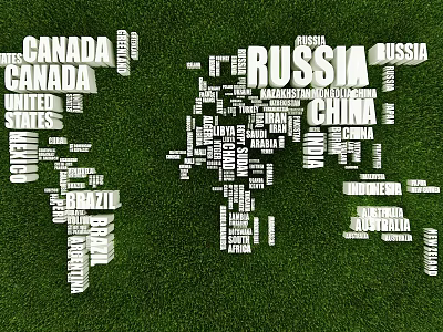 Green Background Wall Featuring World Map Made of Country Names 3d model