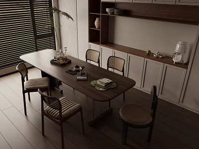 Modern Restaurant Interior Design With Open Kitchen Dining Table Chairs And Cabinets 3d model