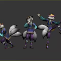 Game and Movie Fox Characters in Traditional Clothing with Multiple Poses and Tails