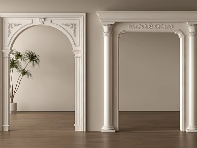 White Decorative Door Frames With Arched Design Columns Green Plant And Wooden Floor 3d model