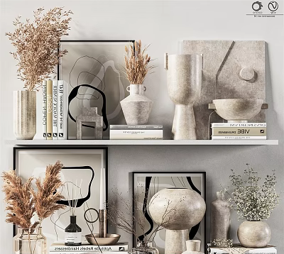 Modern Decorative Ornament Set With Ceramic Vases Dried Plants Art Frames Sculptural Bowls And Books 3d model