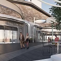 Contemporary Commercial Landscape With Glass Facade Architecture Outdoor Trees Walkway And Pedestrians