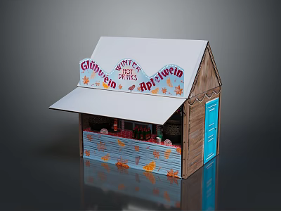 Artisanal Ice Cream Stall with White Roof Wooden Structure Colorful Signage and Decorative Display Cases 3d model