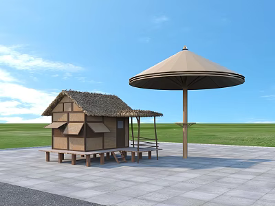 Pergola with Thatched Roof Hut and Umbrella Shaped Canopy on Stone Pavement in Grassland 3d model
